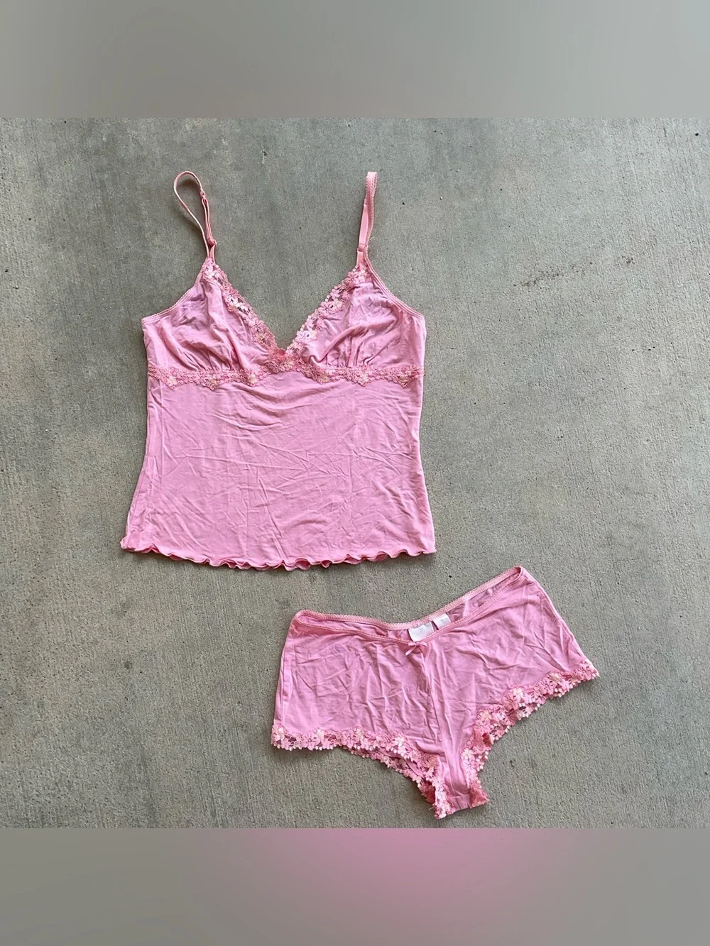 Vintage victoria secret Pink Lace Trim Cami and Short Sleep Set